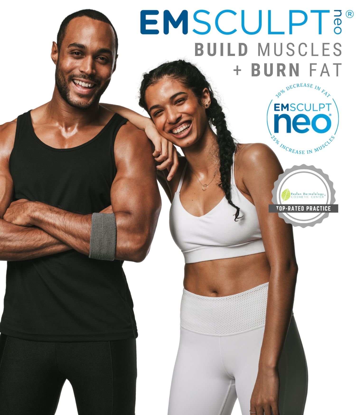 Portrait of two fit couple smiling promoting Emsculpt NEO treatment